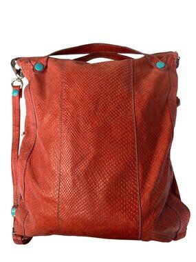 GABS Italian Red Leather Expandable Flat Shoulder Bag Turquoise Buttons